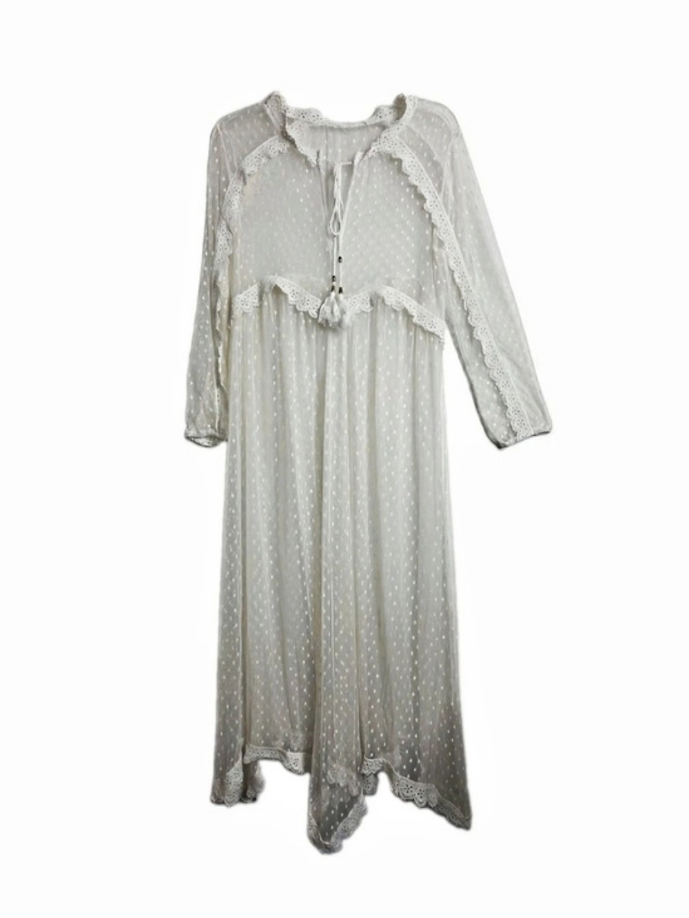 White Sheer Lace Polka Dot Maxi Gown Cover Up Couquette Feminine Bohemian Size M